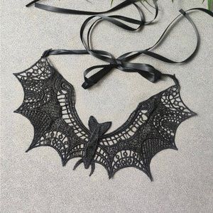 Gothic Vintage Black Bat Lace Collar Necklace, Ribbon tie, Feminine OS